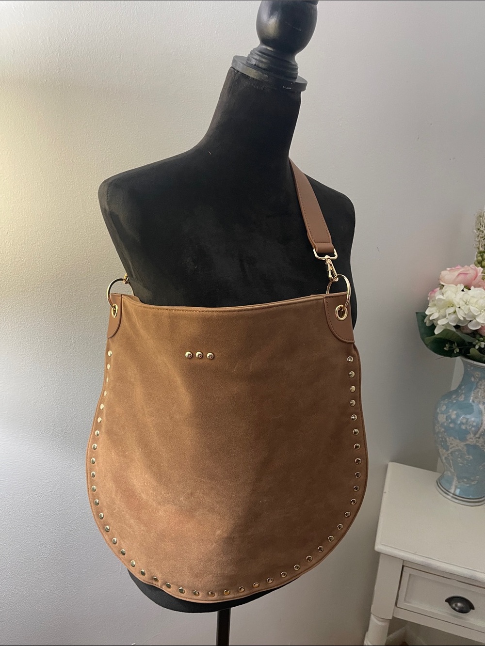 Pretty Simple Brown Suede Stud Hobo Shoulder Bag